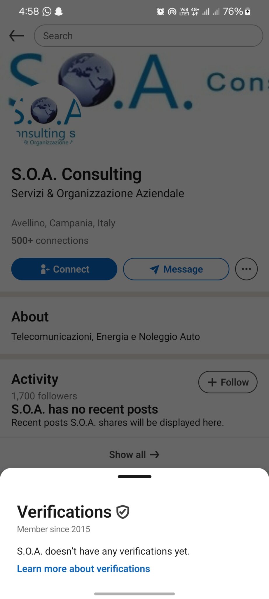 linkedin account italy location 1700+ connections 10+ years old